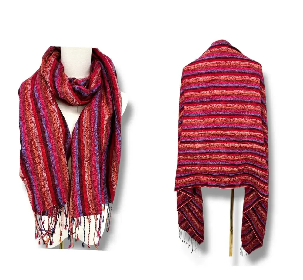 Pashmina silk blend tassel fringe wrap scarf shawl paisley wine red burnt orange